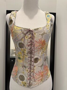 Vintage satin fitted Lace-Up Corset Top - Grey, Yellow & Pink